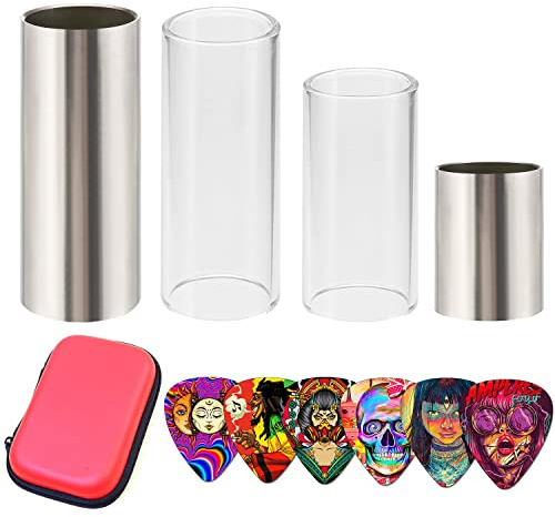 Guitar Slide, Set of 2 Glass Guitar Slides, 1 Steel Guitar Slide, 1 Guitar Slide Ring, with 6 Pieces Artistic Guitar Picks in Red EVA Box
