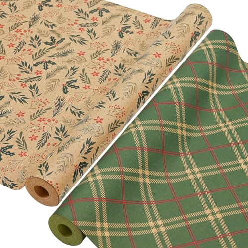 AhfuLife 2 Rollen Geschenkpapier Weihnachten Set, 43cm x 15m Weihnachtspapier Set, Nature Kraftpapier Weihnachtsgeschenkpapier für Xmas Weihnachten Papier Geschenke Geburtstag Verpackung