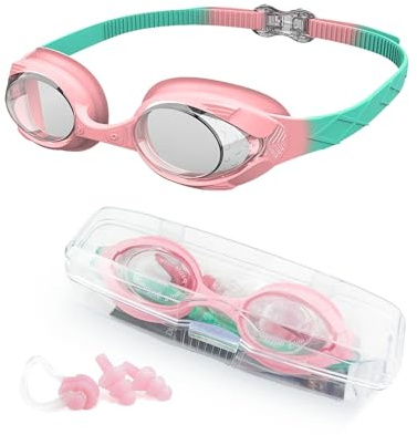 Victoper Kids Swimming Goggles 6-14 Years, Pink, Plastic Lens with Anti-Fog Coating, Silicone Frame, Adjustable Strap, UV Protection, Flexible, Solid, Unisex, 1 Count