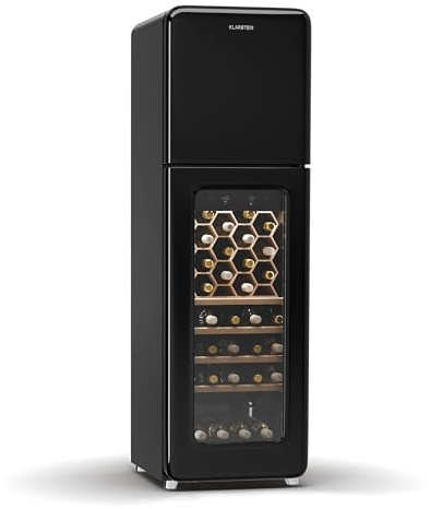 KLARSTEIN Shirley Vinoteca - 63 Botellas, Doble Zona, -10 a 18°C, Led, Estantes Híbridos, Independiente, Cromado, Nevera Para Vinos