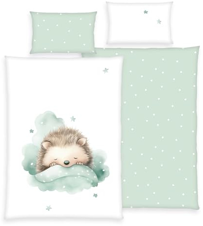 Herding babybest Bettwäsche Kleiner Igel, Kopfkissenbezug ca. 40 x 60 cm, Bettbezug ca. 100 x 135 cm, Mit Reißverschluss und Hoteleinschlag, 100% Baumwolle/Renforcé, Weiß, Grün
