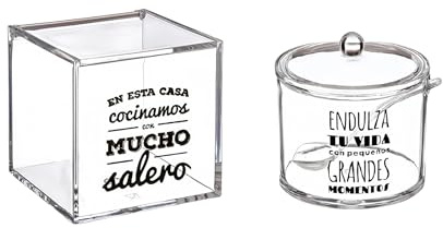 DAMDAM GO Salero y Azucarero de Cocina Super Original Acrilico Diseño Frases, Juego de Sal y Azúcar con Tapa (Mucho Salero)