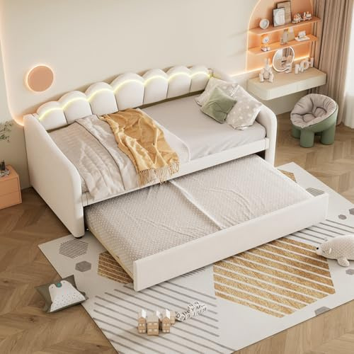 PUGSDRLY Canapé Lit 90x200cm avec lit gigogne et Lumière LED,Canapé Lit 1 Places Convertible,Sommier à Lattes,Velours,Style Minimaliste,sans Matelas (Beige-A)