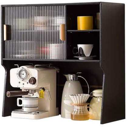 Kaffebarorganisatör, Bänkskåp För Muggar, Kaffekapslar, Sirap, Te, Med Glasdörrar Och Justerbar Hylla, Svart