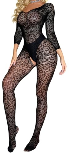 PARUPRUP Women's Leopard Fishnet Bodystocking Catsuit Long Sleeve Lingerie | Sexy Sheer Mesh Full Body Stocking, One Piece See-Through Jumpsuit Back Cutout Nightwear for Rave Party Clubwear