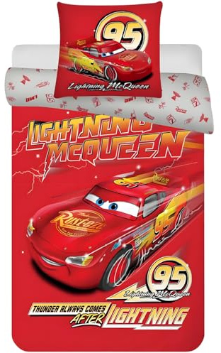 Disney Cars Bedlinen Set for Junior Bed | Duvet Cover 100x135 cm & Pillowcase 40x60 cm, 100% Cotton | Soft & Breathable Cot Bed Linen | Lightning McQueen Bedding Set for Toddlers
