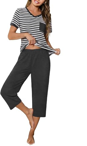 Crewhpo Ensemble Pyjama Femme Col V Manches Courtes Pantacourt Rayé | Tissu Doux Et Respirant, Ceinture Élastiquée Sans Lien, Poches Pratiques, Idéal pour la Maison