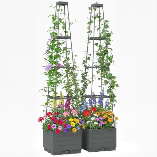 Outsunny 2 Pack Raised Garden Bed with Trellis Planter Box 28 x 28 x 140 cm | Plastic, Outdoor, Removable Drainage Tray, Tomato Cage, for Climbing Plants, Vegetables, Flowers