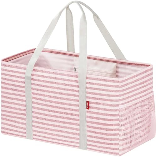 DSDCDJ Shoppingkorg vikbar, stående shoppingväska med metalltråd och förstärkt botten, korg shopping stor bärkorg med handtag – perfekt för shopping, picknick, strand, camping (rosa)