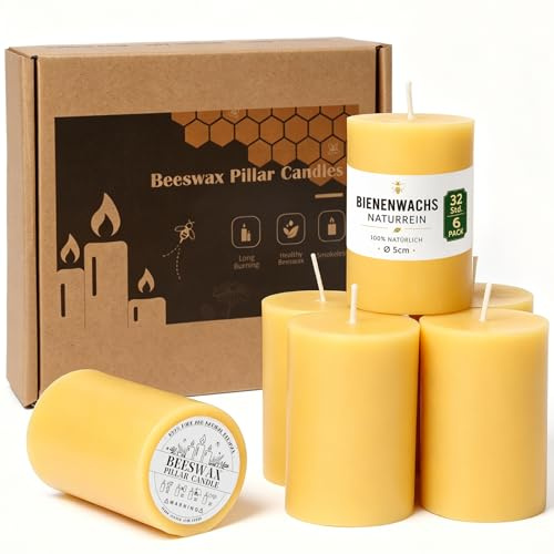 Lot de 6 bougies piliers en cire d'abeille jaune naturelle non parfumées pour mariages, décoration d'intérieur et spa, sans fumée et sans coulure, lot en vrac de bougies en cire d'abeille, 5 x 7 cm
