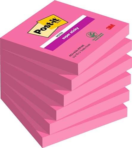 Post-it Super Sticky Notes, powerrosa, 76 mm x 76 mm, 6 block á 90 ark