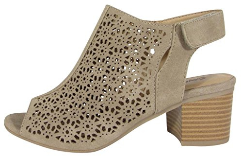 City Classified Footwear Women's Elect Caged Geometric Laser Cut Out Peep Toe Slingback Chunky Stacked Heel Ankle Bootie,Light Taupe Nbpu,7