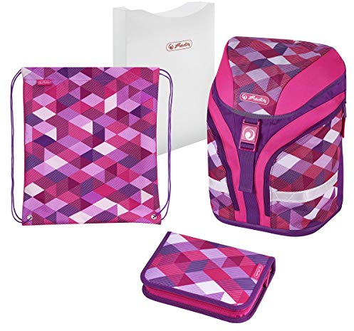 Herlitz Schulranzen Set Pink Cubes / mit Sporttasche, Stiftebox, Heftbox + Bastelschürze