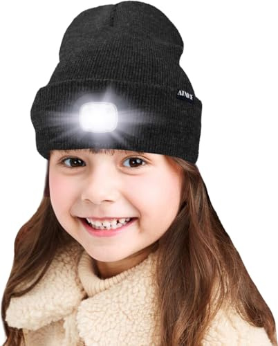 ATNKE Kids LED beleuchtete Mütze mit Licht, USB Wiederaufladbare 4 LED Scheinwerfer wasserdichte Winterwärmer Strick Nachthüte mit leichten Jungen Mädchen/Dark Grey