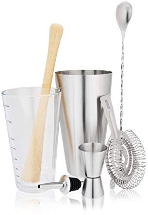 True 7-Piece Barware Set for Mixed Drinks and Cold Brew Cocktails, Includes Boston Cocktail Shaker Tin, Mixing Glass, Jigger, Muddler, Strainer, Bar Spoon, Pour Spout for Home Bar, Bartender Gifts