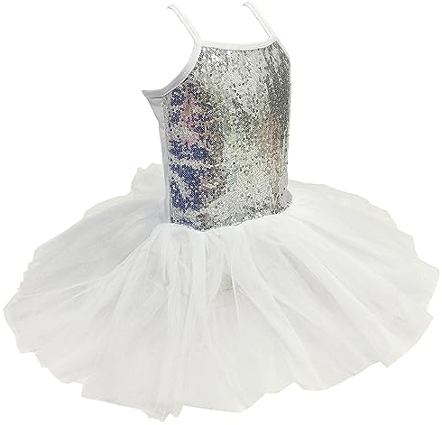 ZUYPSK Mädchen Kleid Ballettkleid Kinder Ballett Trikot Ballettanzug mit Tütü Röckchen Pailletten Kleid (98-104, Weiß)