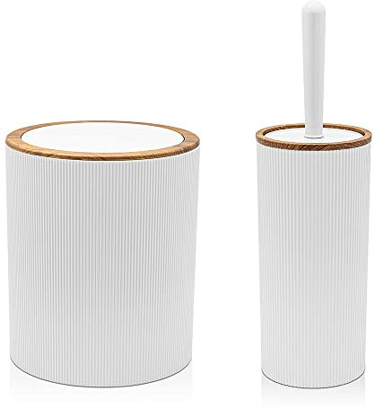 Inbagno Set da 2 Pezzi Porta scopino e Pattumiera 5lt, in plastica Bianco, con Dettagli Effetto Legno, Serie Blob