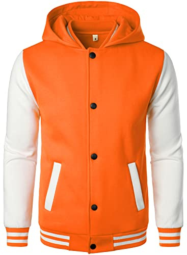 HOOD CREW Mens Casual Sports Varsity Jacket Fashion Hooded Letterman Jackets Orange M