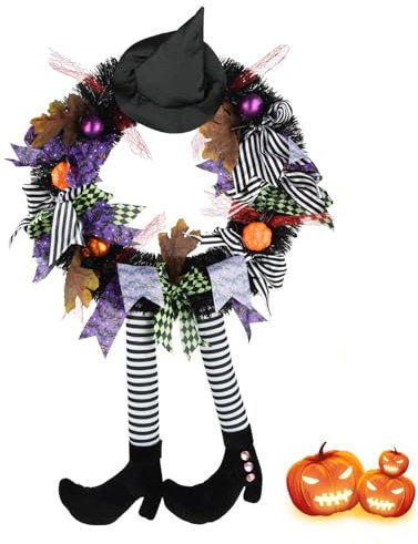SHAVINGFUN Halloween Decorations,Halloween Wreath,Halloween Witch Wreath Black Wreath with Hat Witches Legs Pumpkin,Indoor Outdoor Home Halloween Decor