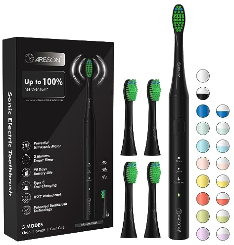 ARISSON Sonic Electric Toothbrush for Adults & Kids, 1.5H Fast Charge for 90 Days, 40,000 VPM Adjustable Clean, 4 Dupont Brush Heads, 1.6 Oz Compact Travel Case & Wall Holder, Black