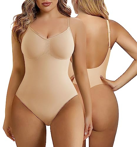 SHAPERX Bodysuit Figurenformend Damen Shapewear Bauchweg Body Shaper Tanga Ganzkörper Formende Bodys Niedriger Rücken Verstellbare Träger, UK-SZ5266-Beige-L/XL