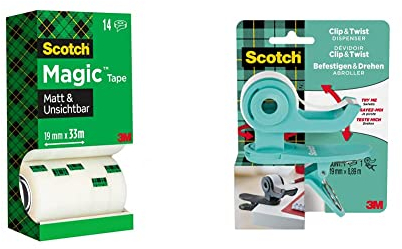 Scotch Magic Klebeband – Vorteilspack 14 Rollen 19mm x 33m & Scotch Clip & Twist Klebeband-Abroller C19, Grau + Scotch Magic Unsichtbares Klebeband, 19mm × 8,89m, 1Rolle/Packung