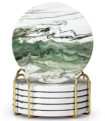 Lot de 6 Sous Verres en Céramique Aquarelle Verte avec Support