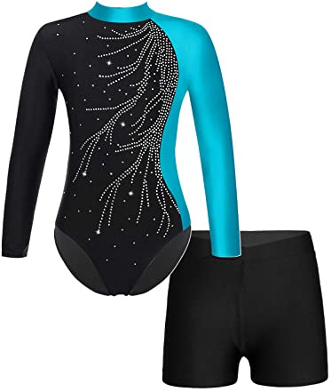 dPois Mädchen Gymnastikanzug mit Shorts Langarm Turnanzug Trikot Body Leotard Kurze Hose Ballettanzug Elegant Kinder Tanz Turnen Sport Outfit A Blaugrün 134-140