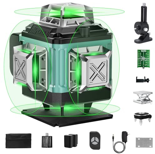 Nivel Laser Autonivelante 360 Grados,4x360° 16 líneas Nivel Laser Verde, 360 Líneas Vertical/Horizontal Conmutables con 2 batería,Soporte Magnético, ajuste de brillo,control remoto,Bolsa Portátil