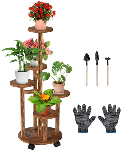 Wuciray Piedistallo per Piante Porta Piante da Interno in Legno con Ruote 5 Livelli Portapiante Supporto Fioriera Porta Piante Verticale con Ruote Porta Orchidee Scaffale Porta Piante da Interno