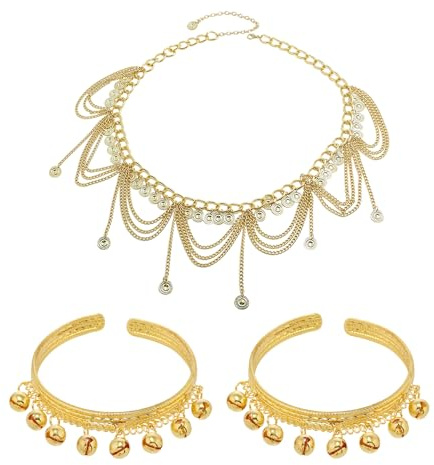 1 Piece of Tassel Belt and 2 Pieces of Bell Bracelets, Belly Dance Waist Chain for Women, Open Metal Bracelet, Tassel Pendant, Metal Tassel Accessories, Suitable for Prom, Wedding (Gold)