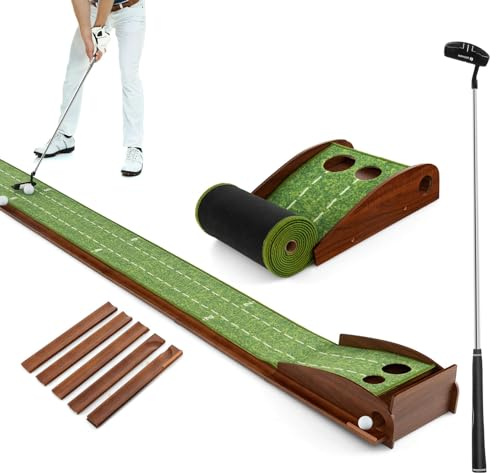 COSTWAY Golf puttingmatta, golfmatta med 1/2/3 hål, bilåterkomst träningsmatta med 3 golfbollar och konstgräs, puttingtränare inomhus, utomhus för nybörjare, proffs