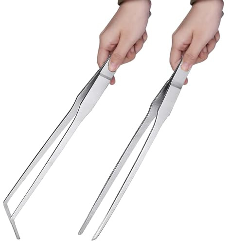 KKwoter Stainless Steel Aquarium Tweezer Set - Straight & Curved Multipurpose Tools for Aquascaping, Fish Tank, Reptile Feeding, and Aquatic Plants - Long Tweezers with Food Tweezers (2Pcs)