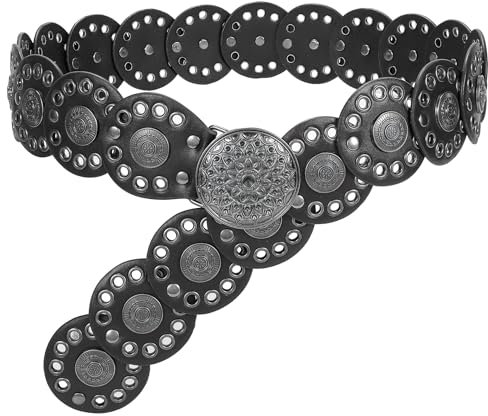 JasGood Breite Scheibengürtel für Damen Leder Aushöhlen Runde Gürtel Western Cowgirl Gürtel Damen Concho Vintage Boho Disc Ledergürtel Verstellbare Taillengürtel für Kleider,Schwarz,105cm