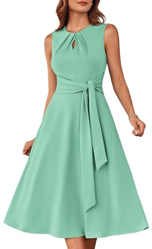 GRACE KARIN Women's Sleeveless A-line Dress with Round Neck and Belt Light Green S