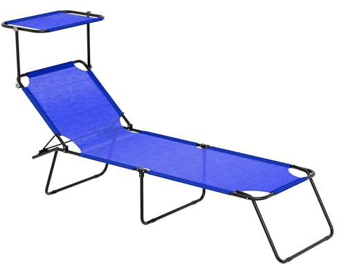 Bricozone Lettino Mare Pieghevole con Tettuccio Regolabile Telaio in Acciaio Leggero Schienale Regolabile Telo Traspirante 600D Facile da Trasportare Ideale per Spiaggia Giardino Campeggio Blu