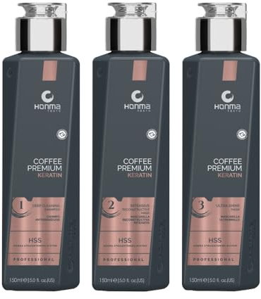 Honma Tokyo Coffee Premium, professionelles Keratin-Behandlungs-Set, 3 x 150 ml, Shampoo, rekonstruktive Maske, Ultra-Brillance-Maske