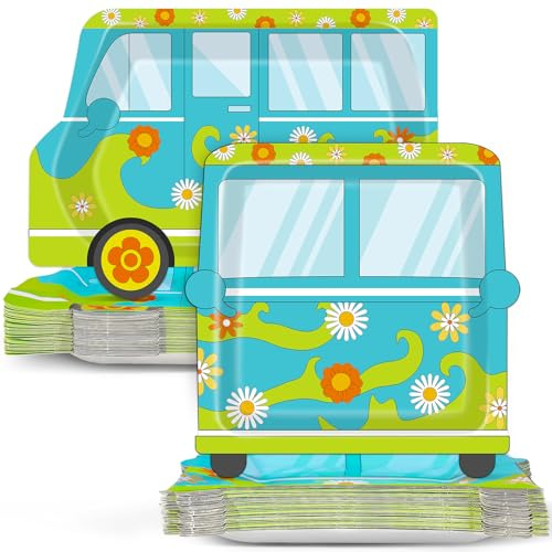 50Pcs Mysterious Car Hippie Party Paper Plates Disposable Cartoon Dog Dinner Plates Groovy Daisy Hippie Tableware Decoration for Kid Boy Baby Shower Classroom Birthday Halloween Treat Party Supplies