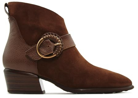 Hispanitas - Botín de ante con tacón ancho,de cremallera,suela de goma,piel,nobukl,clásico,hebilla de adorno para: Mujer color: AVELLANA talla:39