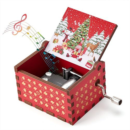 Qzakce Carillon in Legno a Manovella Rosso con Musica Merry Christmas Vintage Regalo Musicale per Compleanno Anniversario Natale per Famiglia Amici