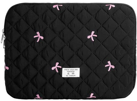 Housse Tablette 15 Pouces en Nylon Résistant Design Mignon Avec Broderie Noeud, Intérieur Doux Antichoc, Grande Capacité Avec Double Fermeture Éclair, Protection Ordinateur Portable Pour École Travail