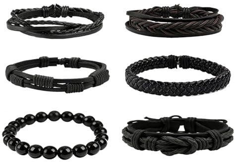 Ensemble Complet de Bracelet Punk en Cuir pour Homme et Femme - Sangle de Poignet Réglable avec Perles en Bois et Breloque Croix Gothique - Accessoire Style Mode et Tendance, 6 Pièces Longues Durée.