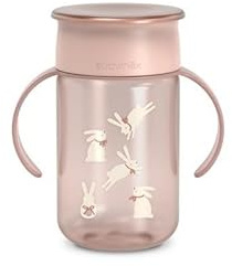 Suavinex, Bicchiere evolutivo per bambini+12 mesi, Tazza evolutiva 360 con sistema anti-goccia, Magic Cup con manici e coperchio, lavabile in lavastoviglie, adatta al microonde, Tazza 340 ml, Rosa