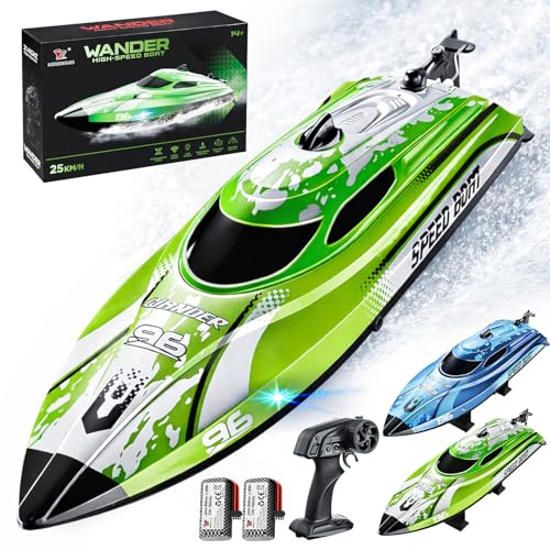 YESHIN RC Bateau 25 km/h, Bateau à Télécommande 2,4 GHz avec LED, 2 Batteries, Impermeable & Kentproof, Rappel de Surpression, Convient pour Piscine/Lacs, Cadeau pour Enfants & Adultes (Vert)
