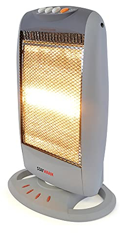 STAYWARM 1200w 3 Bar Compact Halogen Heater with 3 Heat Settings / 90 Degree Oscillation / Safety Tip-over Switch / Carry Handle - F2106GR - Grey