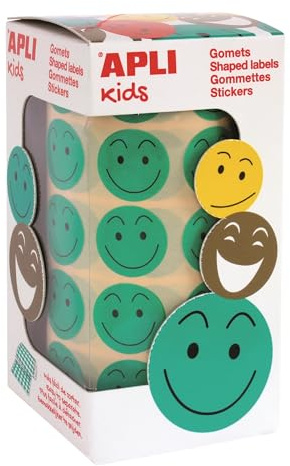 APLI Kids 14373 - Gomets autoadhesivo smile verde cara feliz en rollo de 900 pegatinas en total.