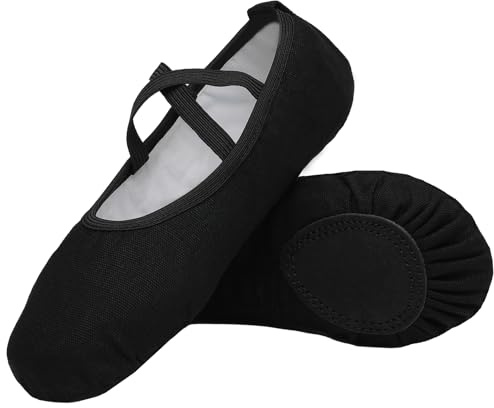 Chaussures de Ballet Demi Pointe Toile Fille Femme Chaussures de Danse Doux Classique Chaussons Split Plate pour Pilates Yoga Gymnastique Enfants Adulte Noir 38