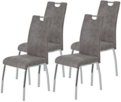 Hela Tische, 4er Set Esszimmerstuhl Küchenstuhl Susi, Mikrofaser Vinatge Grau, Metallgestell + Griff Chrom