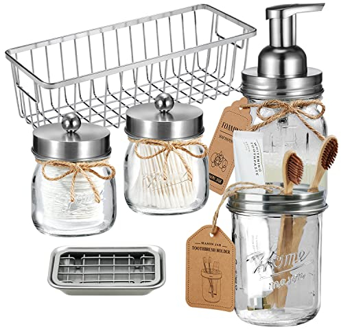 Mason Jar Bathroom Accessories Set(6PCS) - Foaming Soap Dispenser,Toothbrush Holder,Qtip Holder,Apothecary Jars, Soap Dish,Metal Wire Storage Organizer - Rustic Farmhouse Decor (Brushed Nickel)