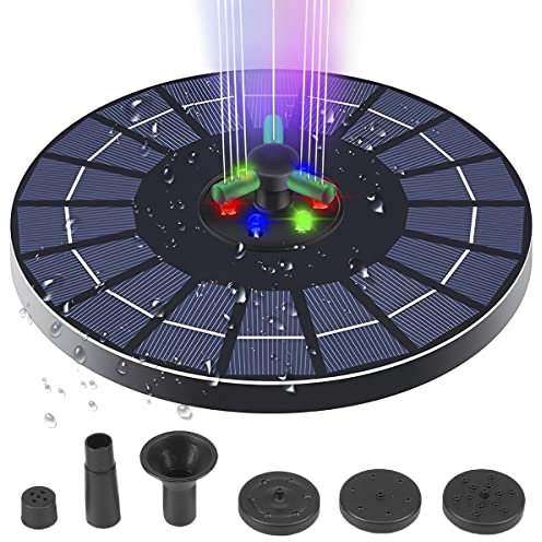 Fontaine Solaire Extérieur,4W Fontaine Solaire avec 7 Buses et 6 LEDs Colorées,18×18 cm,Pompe Solaire pour Bain d'oiseaux,Gardin,Étang,Piscine,Décoration de Jardin